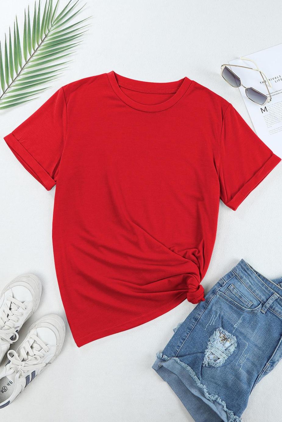T Shirts | Red Solid Color Basic Crew Neck Plain Tee - Women