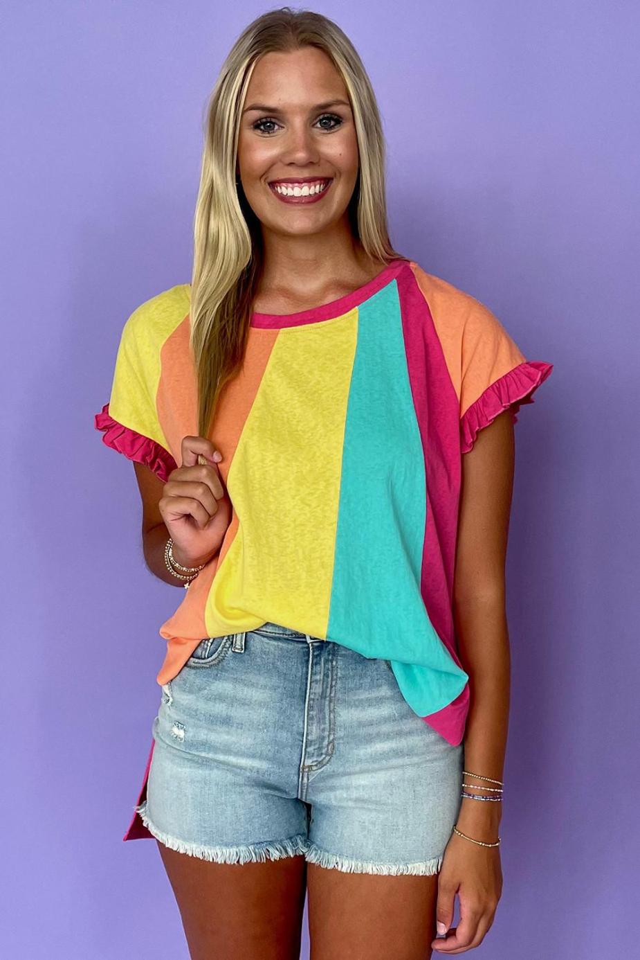 T Shirts | Rose Red Colorblock Ruffle Sleeve Loose Fit T Shirt - Women