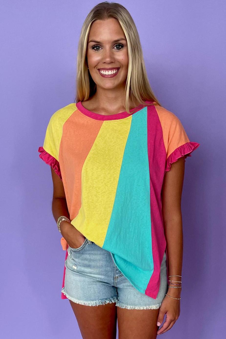 T Shirts | Rose Red Colorblock Ruffle Sleeve Loose Fit T Shirt - Women