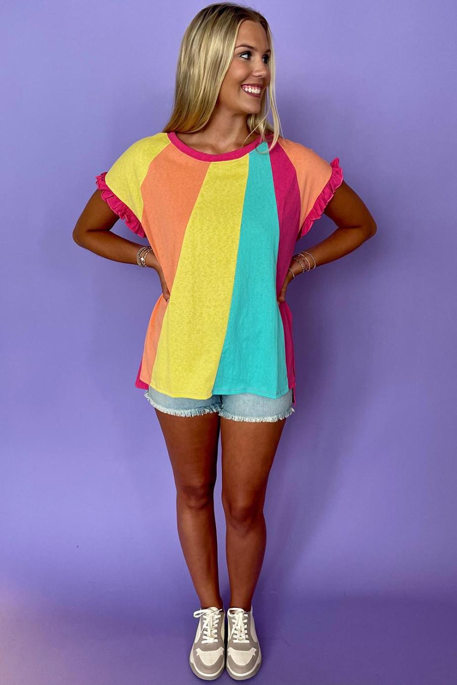 T Shirts | Rose Red Colorblock Ruffle Sleeve Loose Fit T Shirt - Women