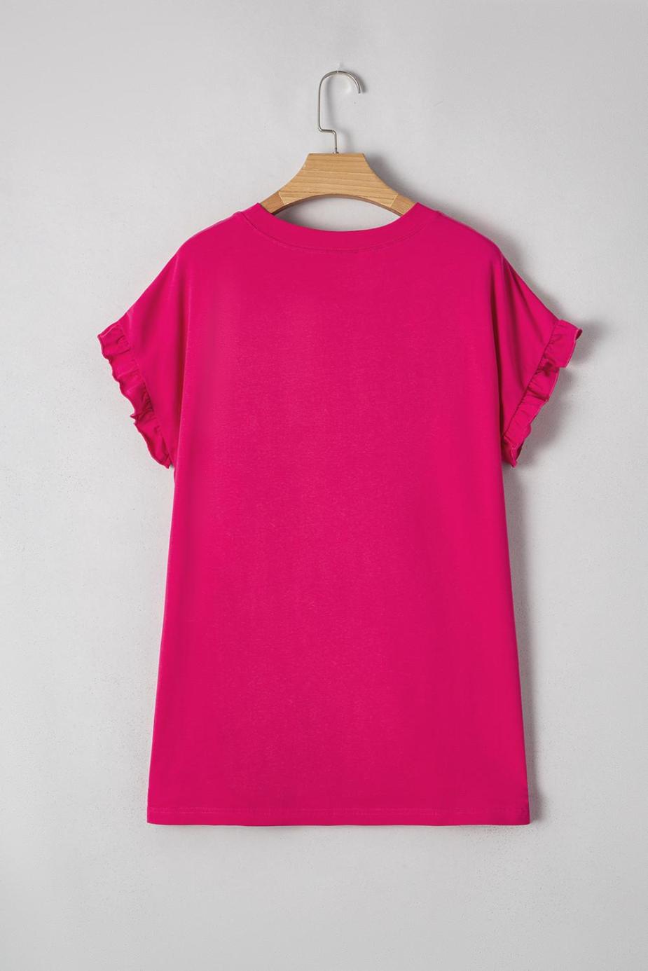 T Shirts | Rose Red Colorblock Ruffle Sleeve Loose Fit T Shirt - Women