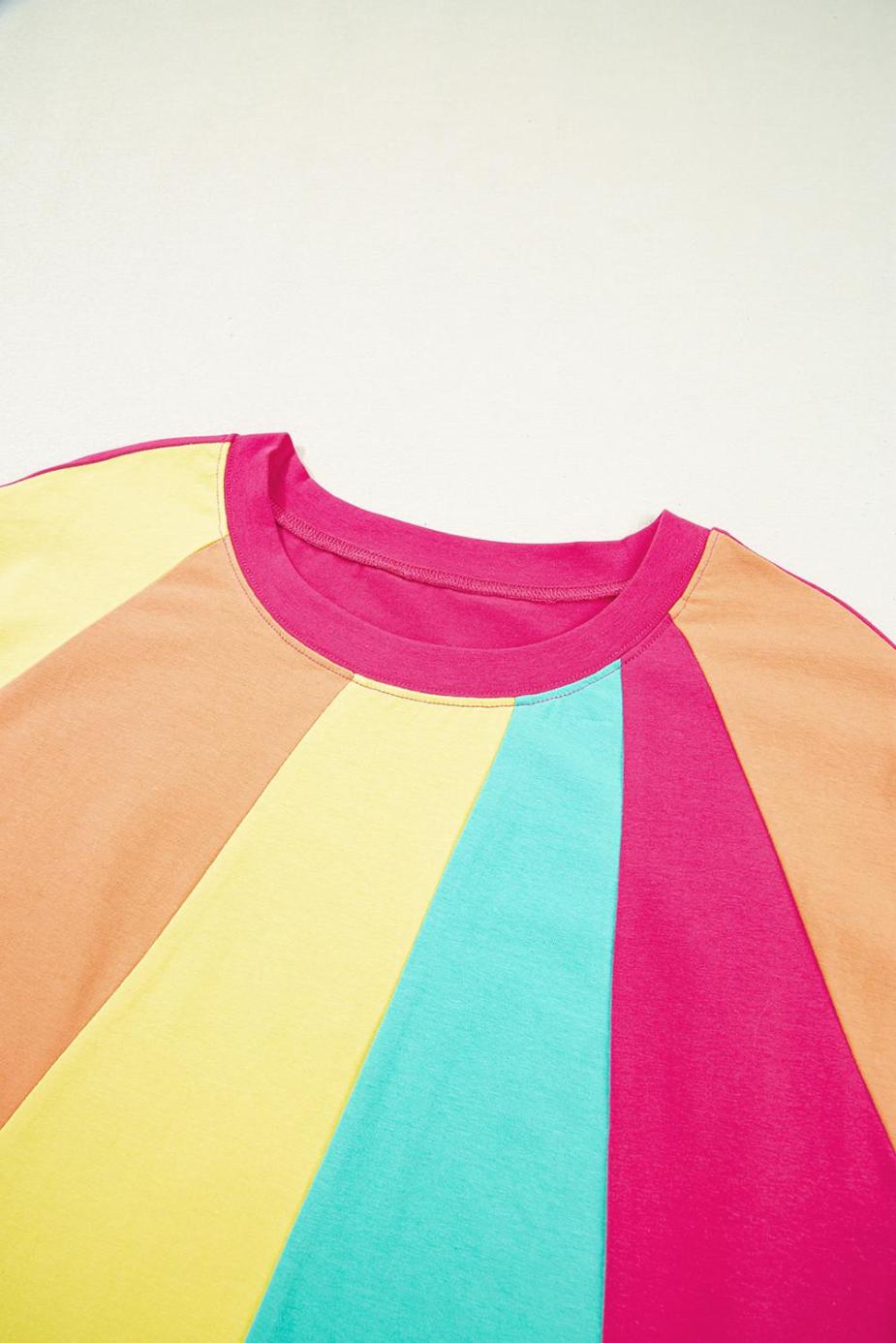 T Shirts | Rose Red Colorblock Ruffle Sleeve Loose Fit T Shirt - Women