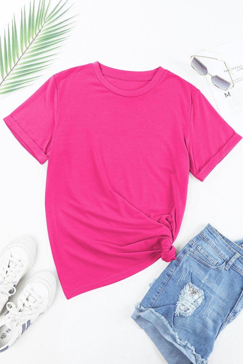 T Shirts | Rose Red Solid Color Crew Neck Roll Up Sleeve Tee - Women