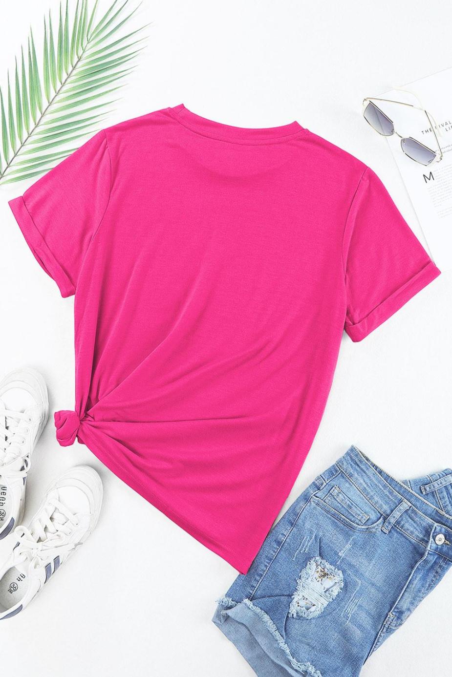 T Shirts | Rose Red Solid Color Crew Neck Roll Up Sleeve Tee - Women