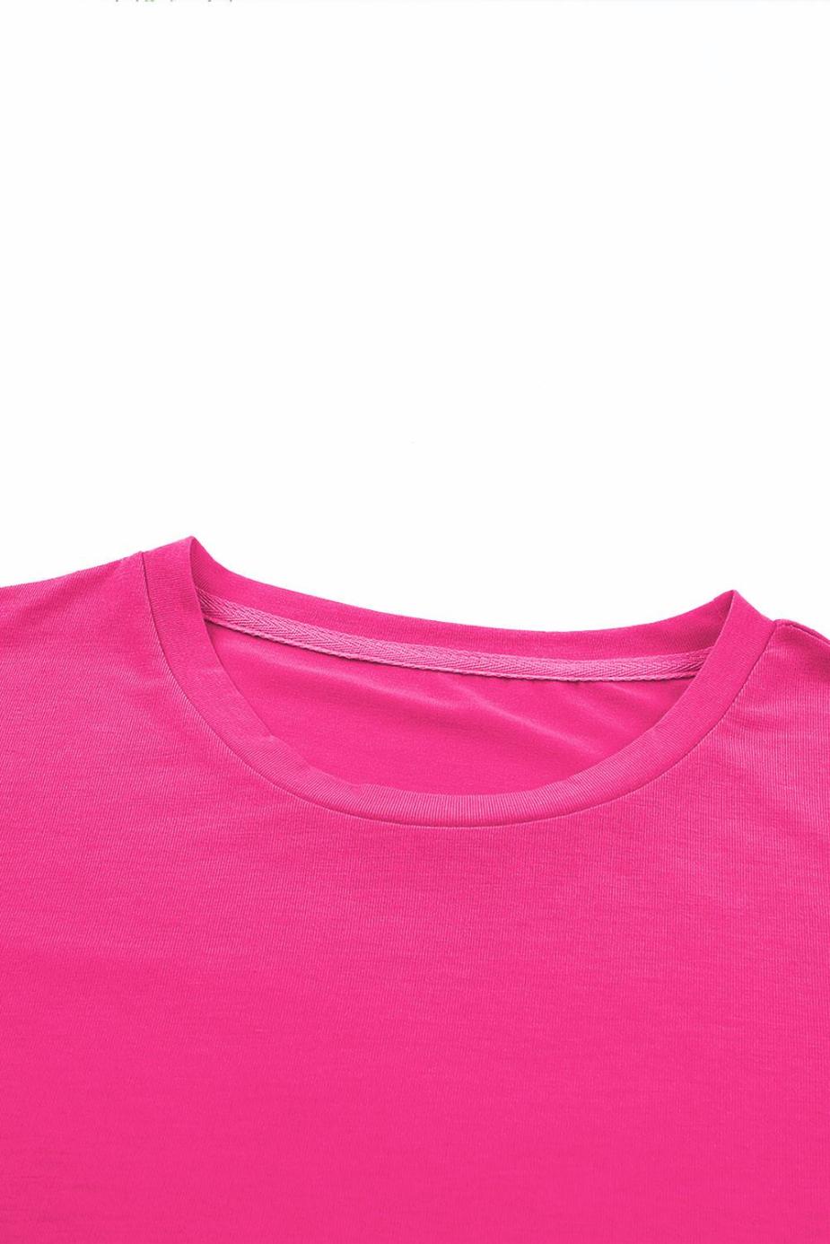 T Shirts | Rose Red Solid Color Crew Neck Roll Up Sleeve Tee - Women