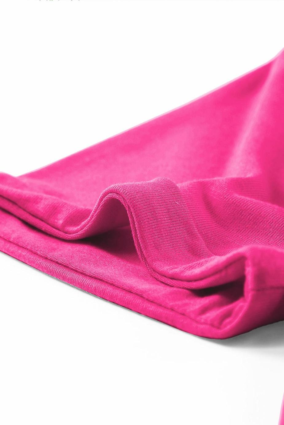 T Shirts | Rose Red Solid Color Crew Neck Roll Up Sleeve Tee - Women