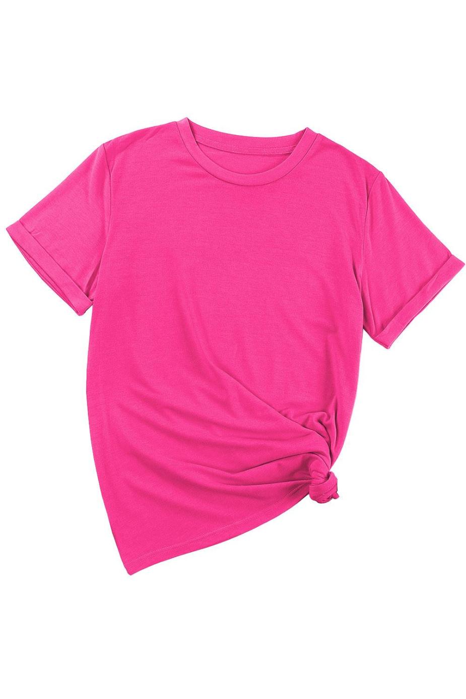 T Shirts | Rose Red Solid Color Crew Neck Roll Up Sleeve Tee - Women