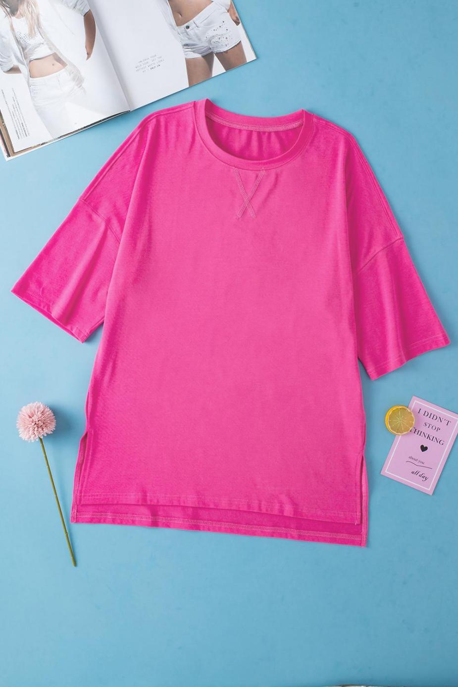 T Shirts | Rose Red Solid Color Side Slit Tunic Top - Women