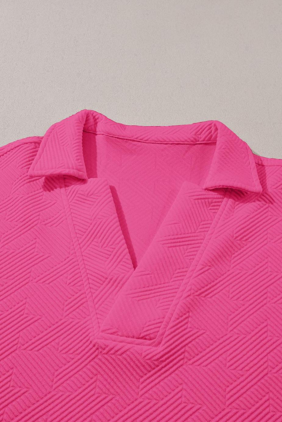 T Shirts | Rose Red Textured Collared V Neck Slit Hem T Shirt - Women