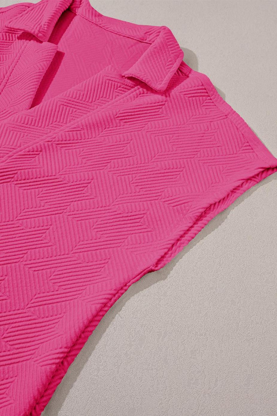 T Shirts | Rose Red Textured Collared V Neck Slit Hem T Shirt - Women