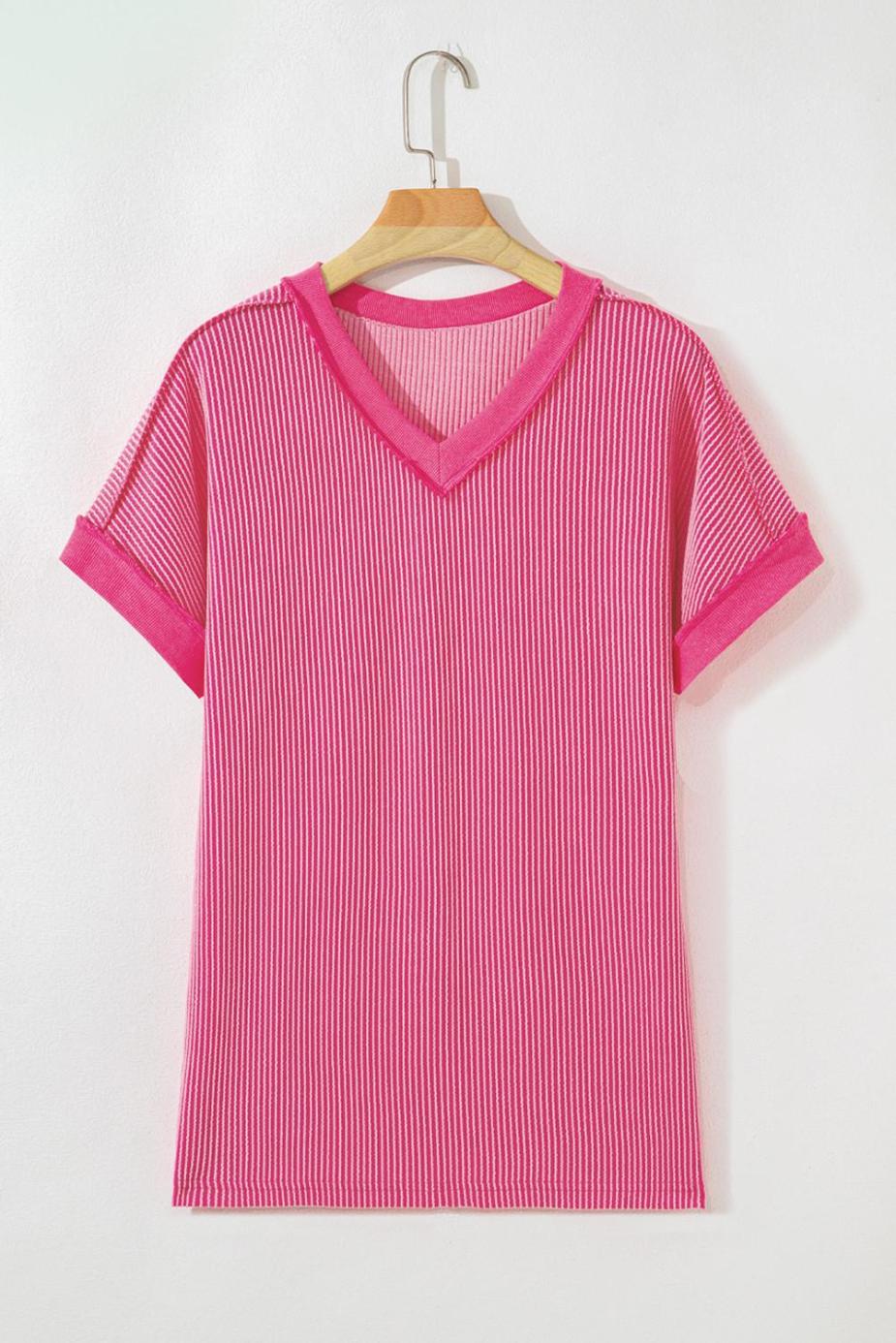 T Shirts | Rose Red Twisted Ribbed Knit Patchwork V Neck Casual Tee - Women