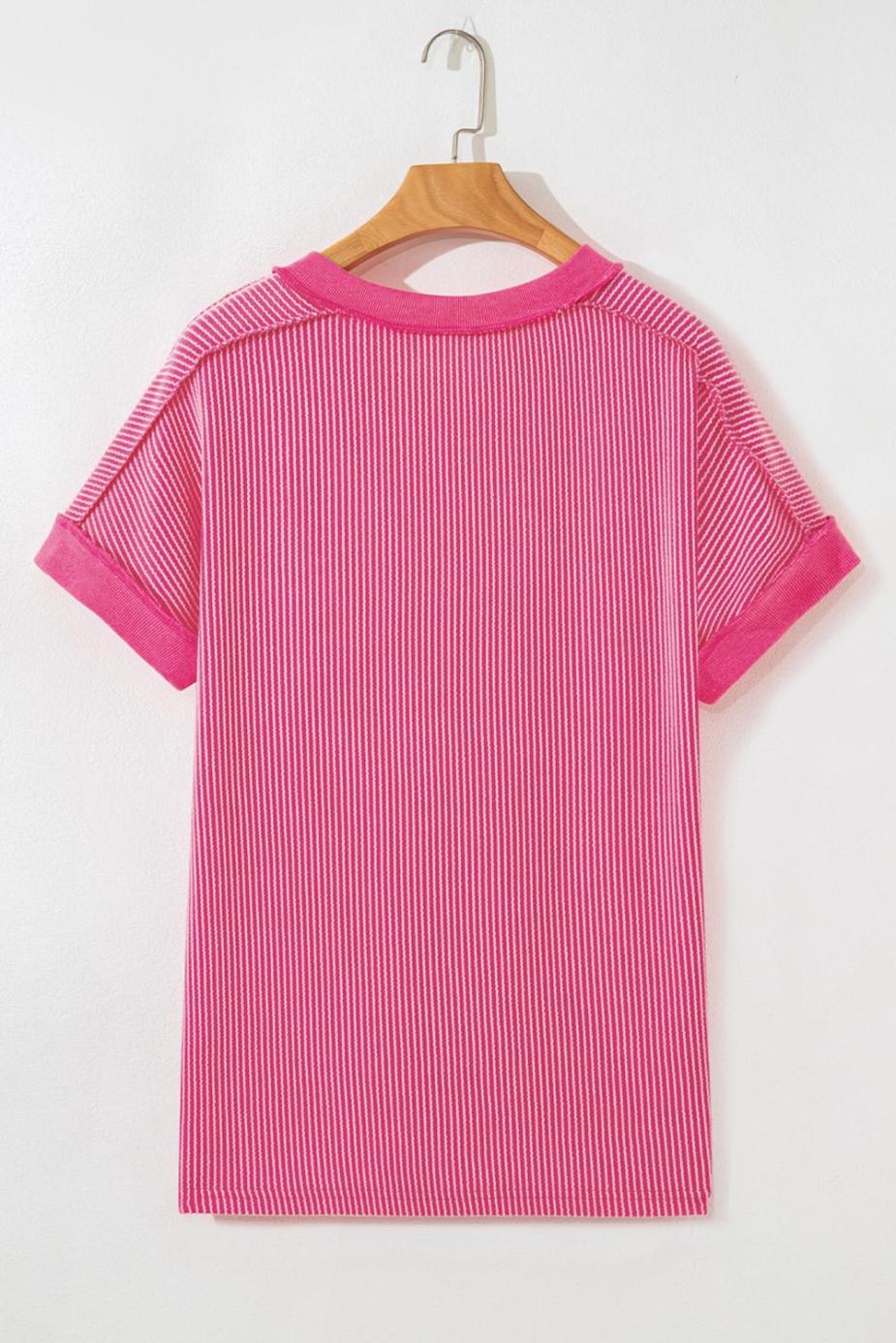 T Shirts | Rose Red Twisted Ribbed Knit Patchwork V Neck Casual Tee - Women