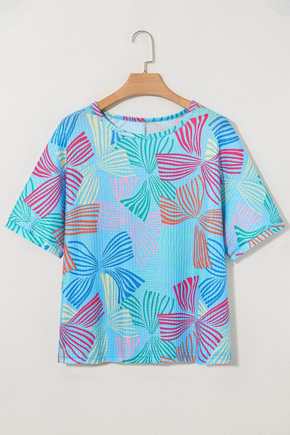 T Shirts | Sky Blue Bowknot Print Waffle Loose Tee - Women