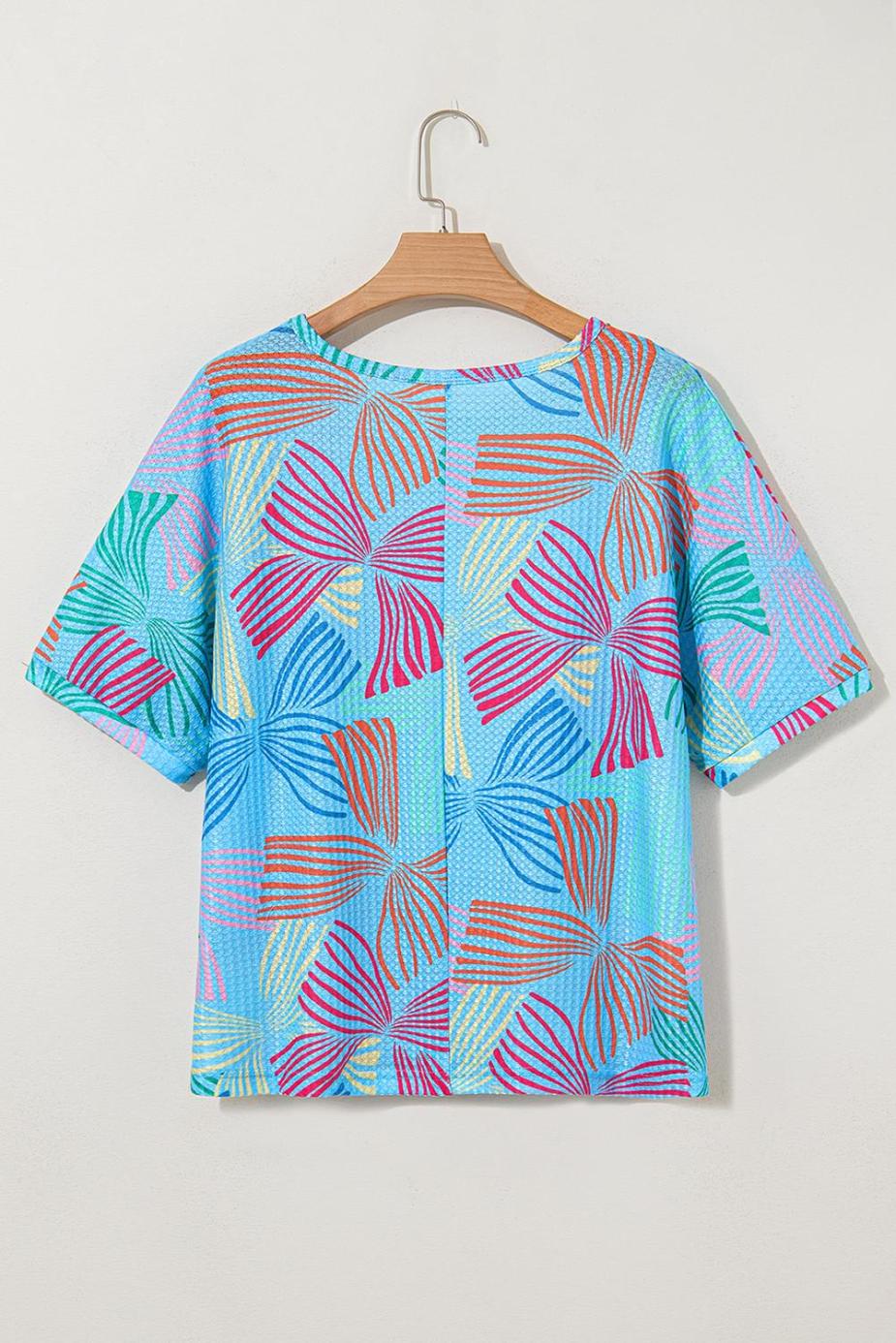 T Shirts | Sky Blue Bowknot Print Waffle Loose Tee - Women