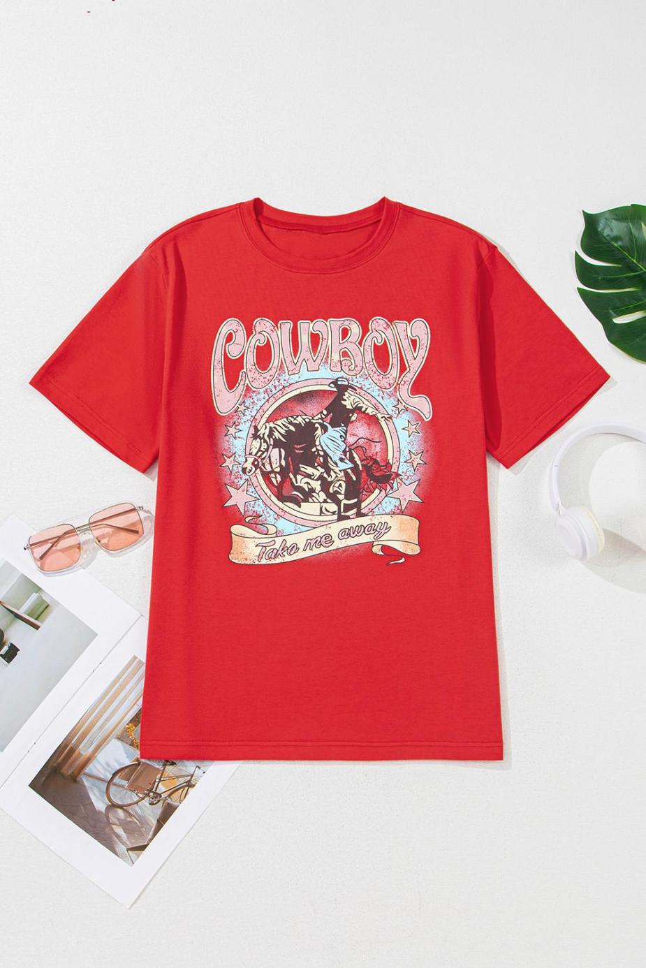 T Shirts | Tomato Red Cowboy Vintage Graphic Loose Tee - Women