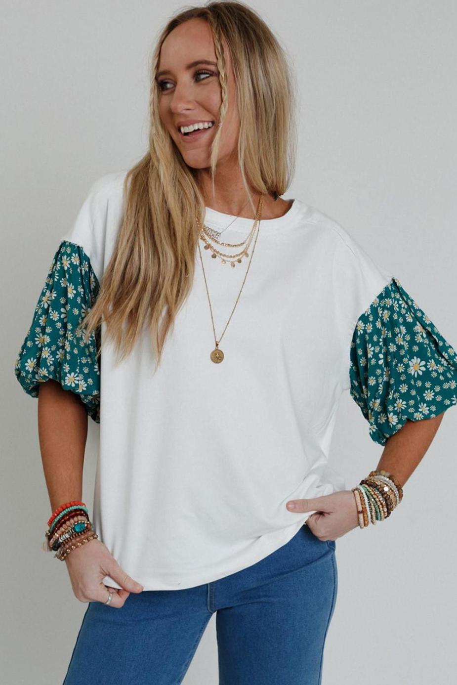 T Shirts | White Daisy Floral Patchwork Drop Sleeve Oversized Top - Women