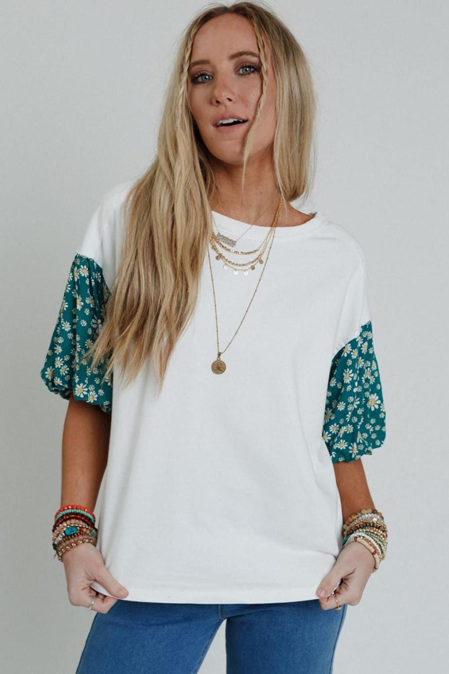 T Shirts | White Daisy Floral Patchwork Drop Sleeve Oversized Top - Women