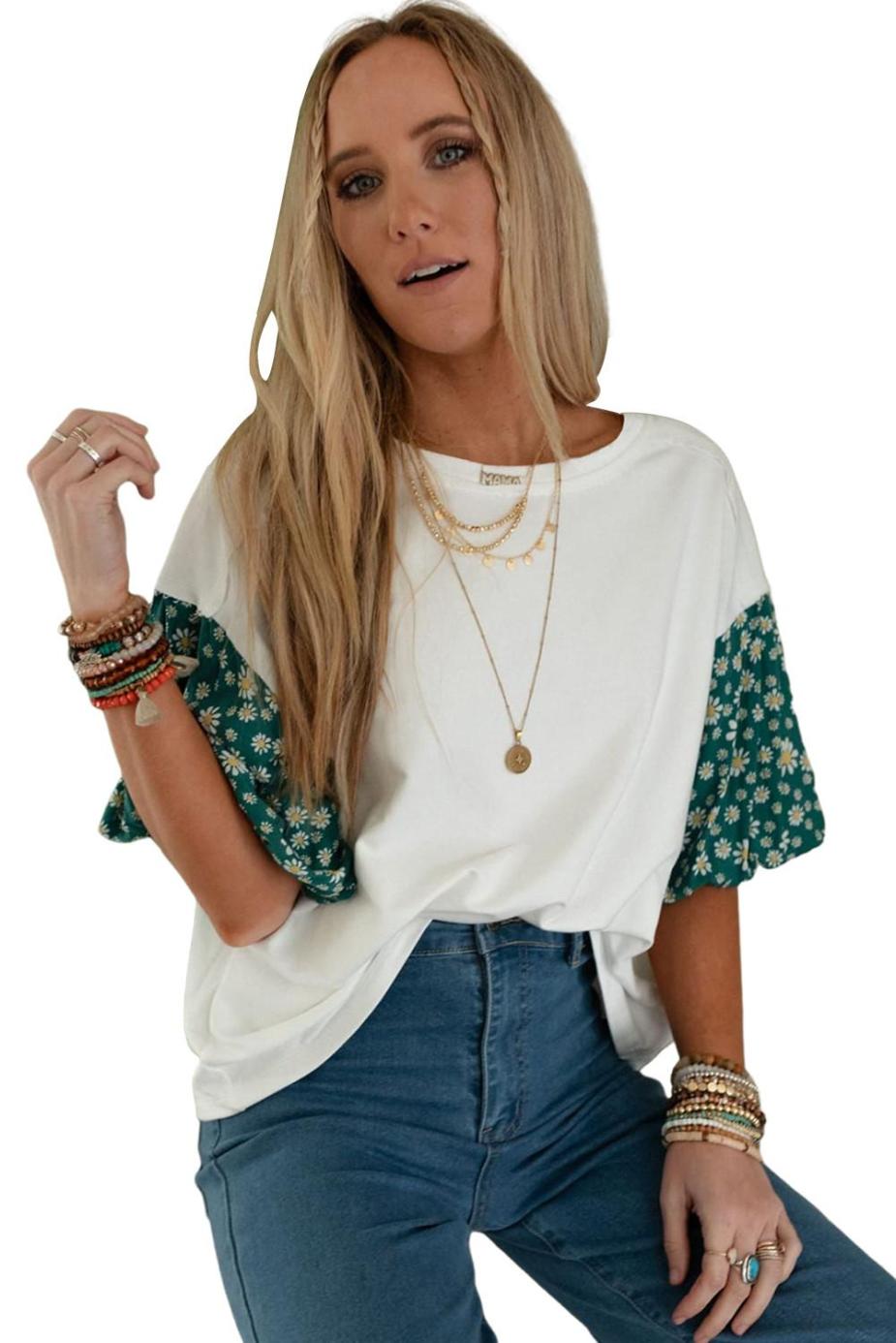 T Shirts | White Daisy Floral Patchwork Drop Sleeve Oversized Top - Women
