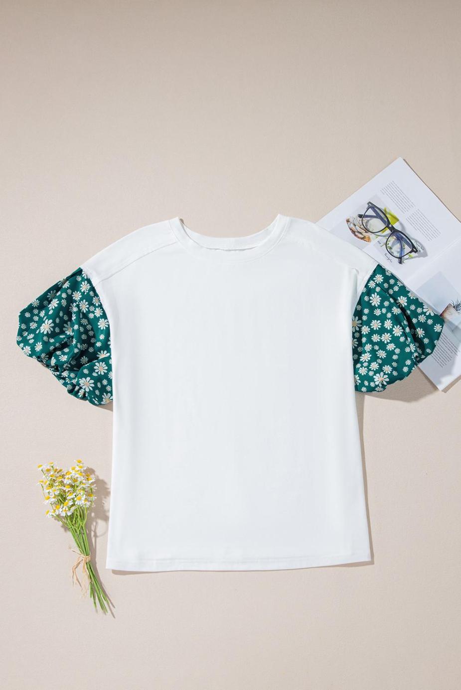 T Shirts | White Daisy Floral Patchwork Drop Sleeve Oversized Top - Women