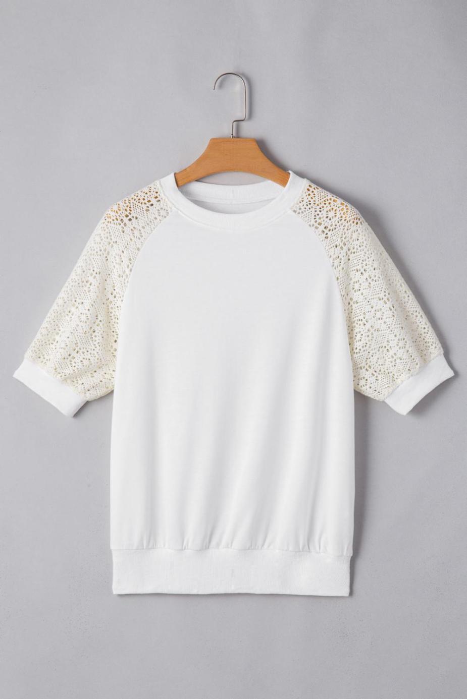 T Shirts | White Lace Patchwork Short Sleeve Round Neck T Shirt - Women