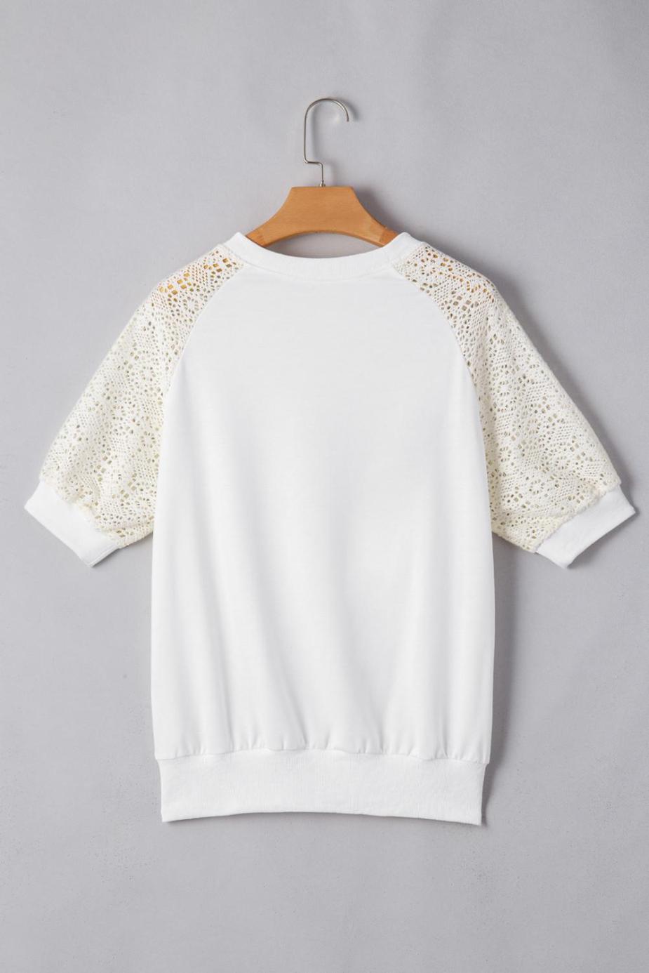 T Shirts | White Lace Patchwork Short Sleeve Round Neck T Shirt - Women