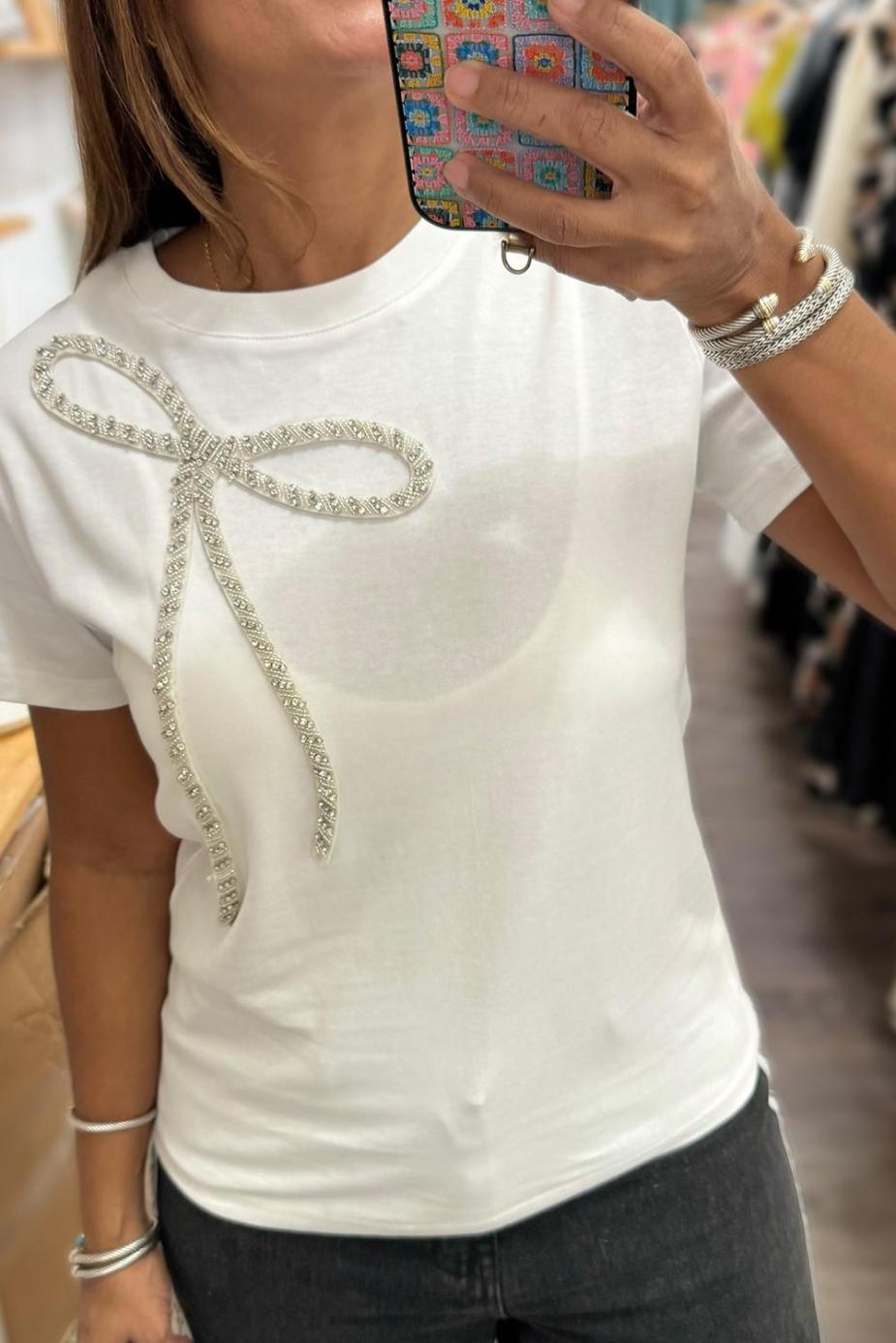 T Shirts | White Rhinestone Bow Embellished Crew Neck Tee - Women