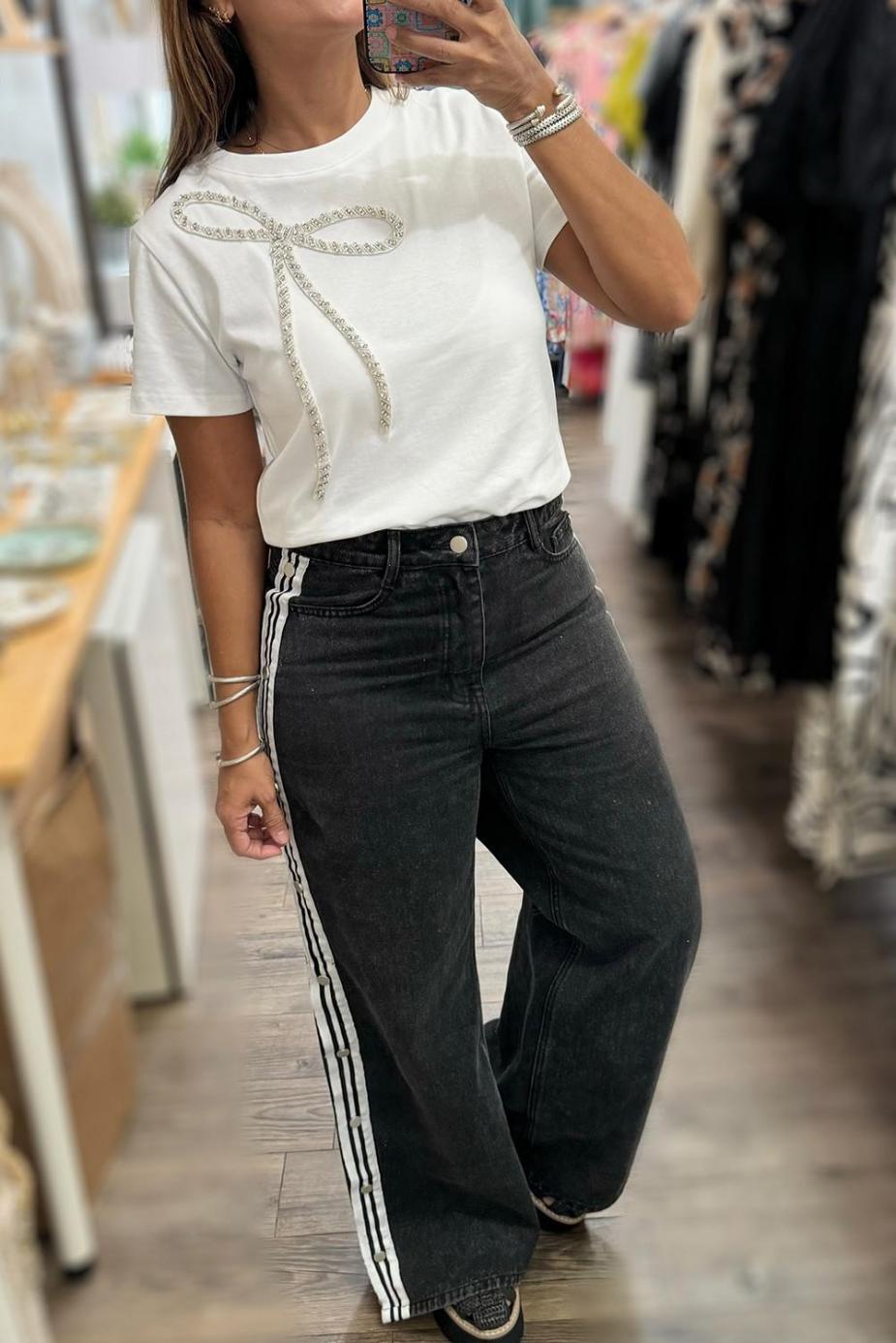 T Shirts | White Rhinestone Bow Embellished Crew Neck Tee - Women