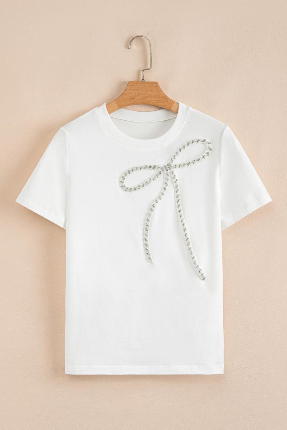 T Shirts | White Rhinestone Bow Embellished Crew Neck Tee - Women