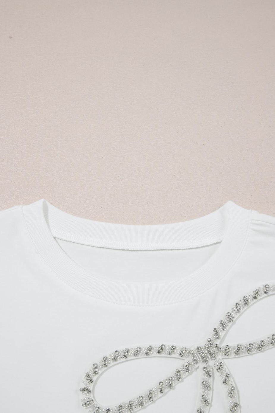 T Shirts | White Rhinestone Bow Embellished Crew Neck Tee - Women
