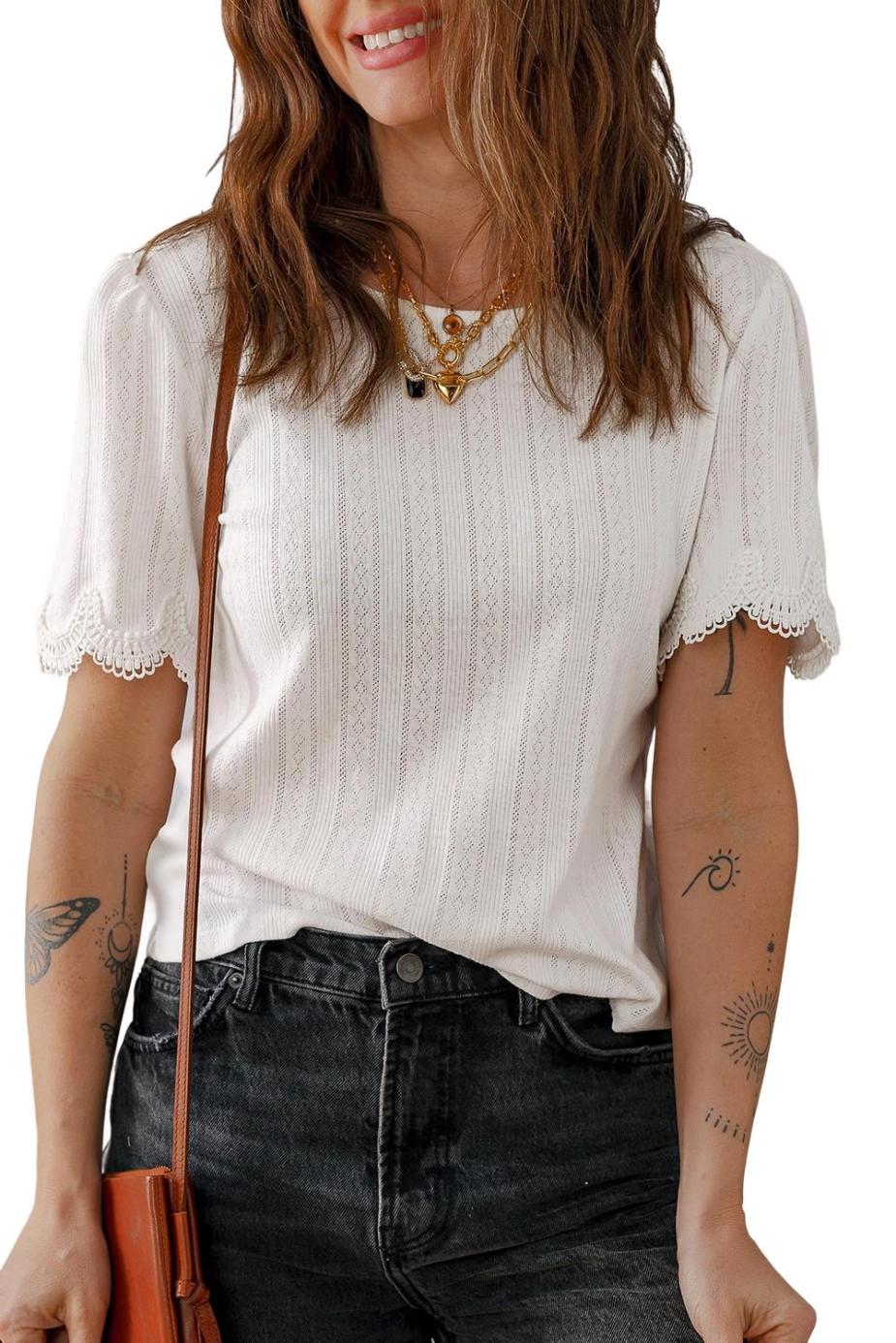 T Shirts | White Scalloped Lace Trim Jacquard Textured T Shirt - Women