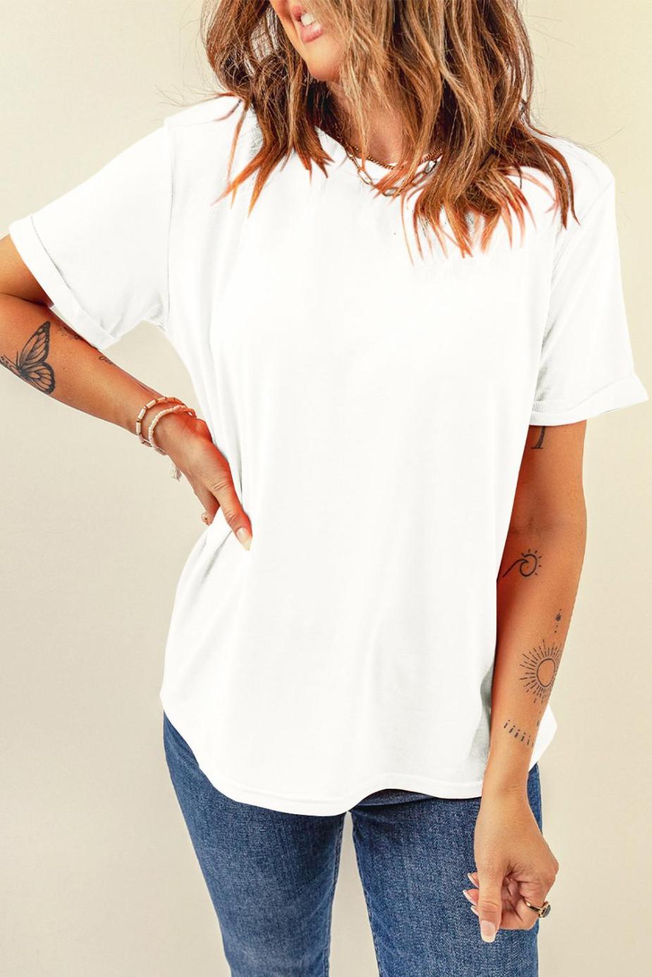T Shirts | White Solid Color Basic Crew Neck Plain Tee - Women