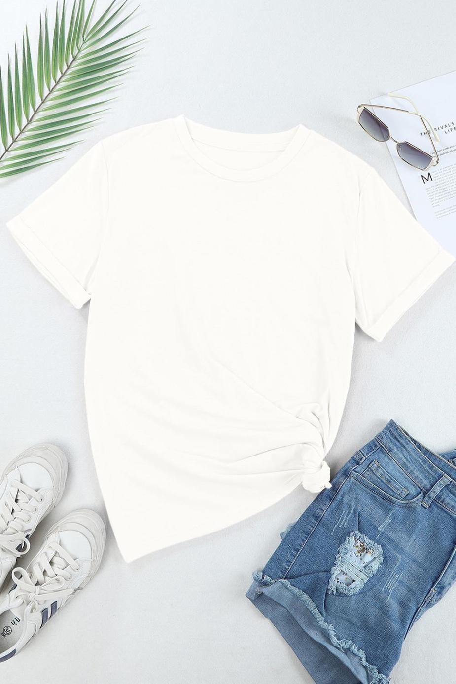 T Shirts | White Solid Color Basic Crew Neck Plain Tee - Women