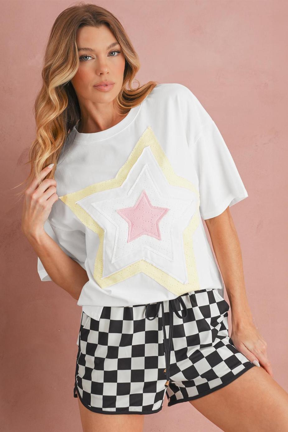 T Shirts | White Star Patched Drop Shoulder Half Sleeve Loose Tee - Women
