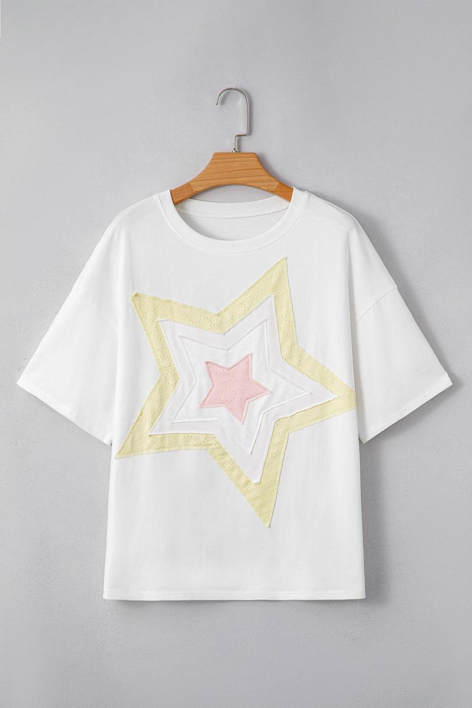 T Shirts | White Star Patched Drop Shoulder Half Sleeve Loose Tee - Women