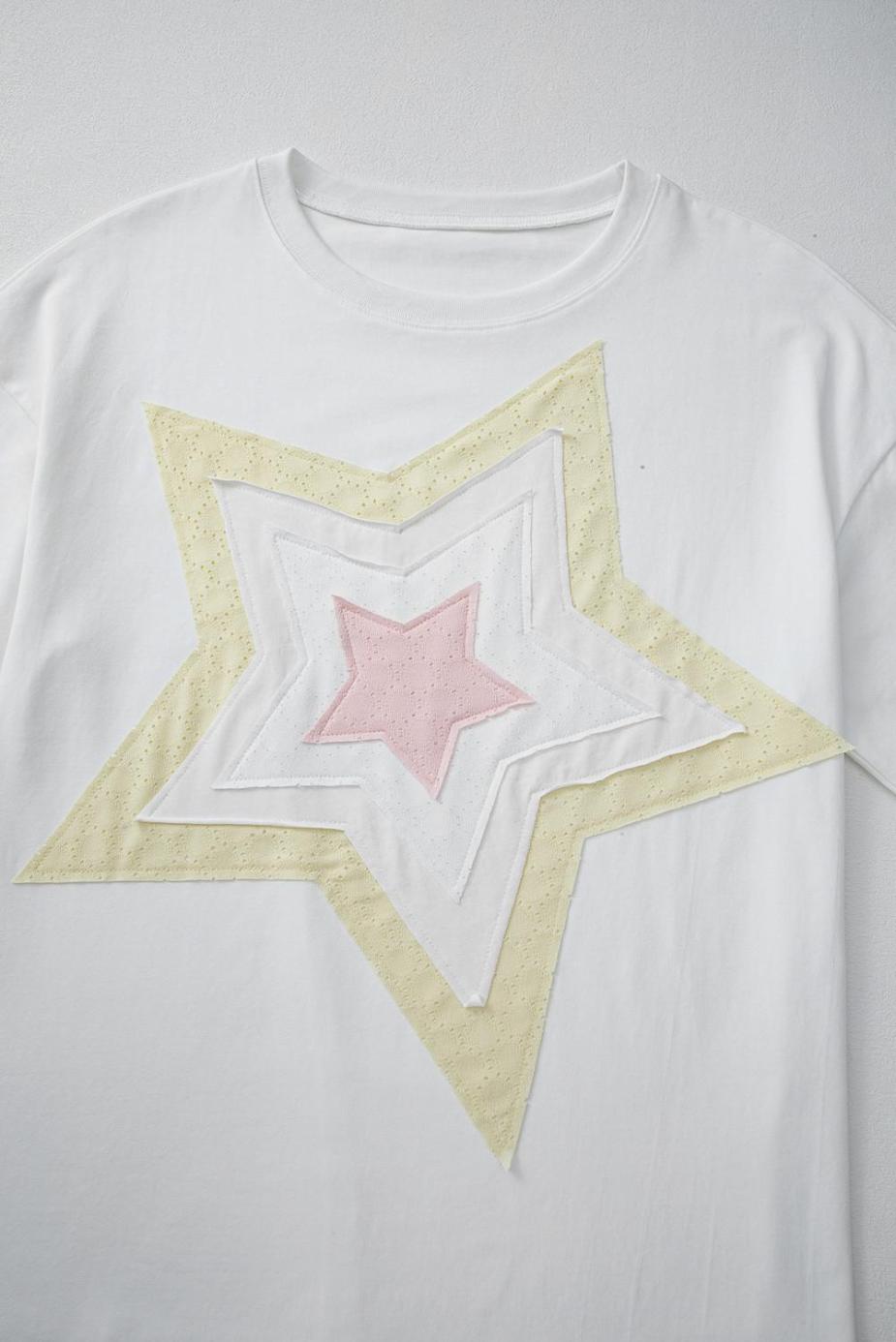 T Shirts | White Star Patched Drop Shoulder Half Sleeve Loose Tee - Women