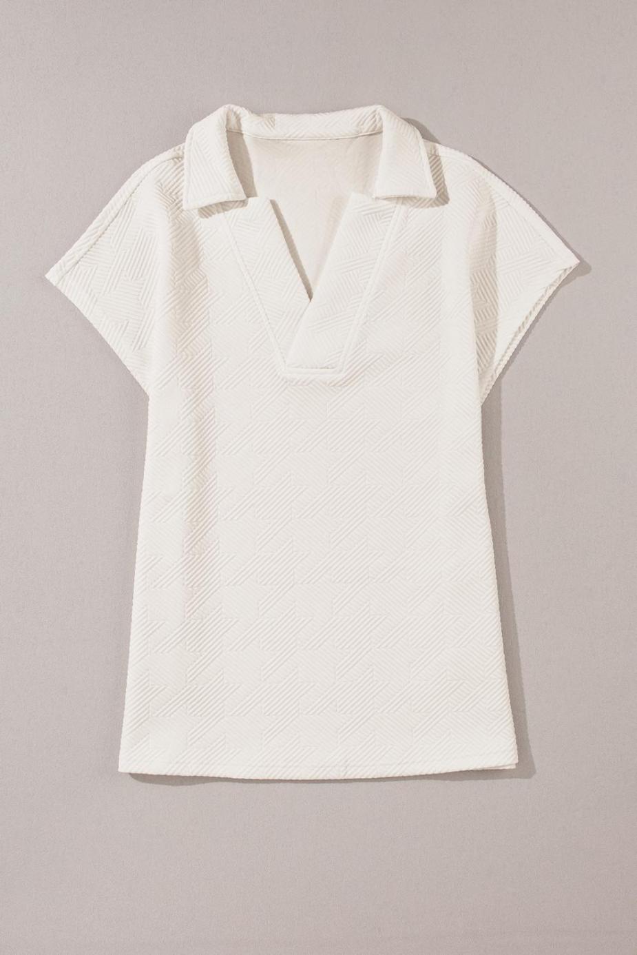 T Shirts | White Textured V Neck Collared Split Hem T Shirt - Women
